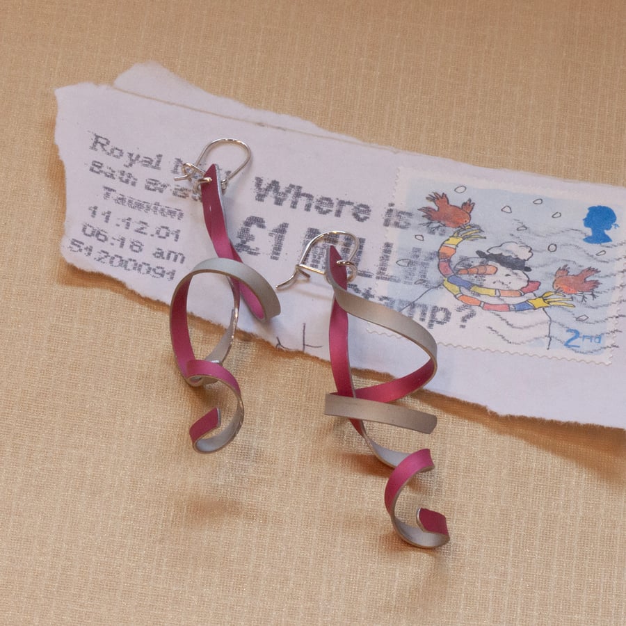 Twisted Ribbon earrings, pink and silver coloured