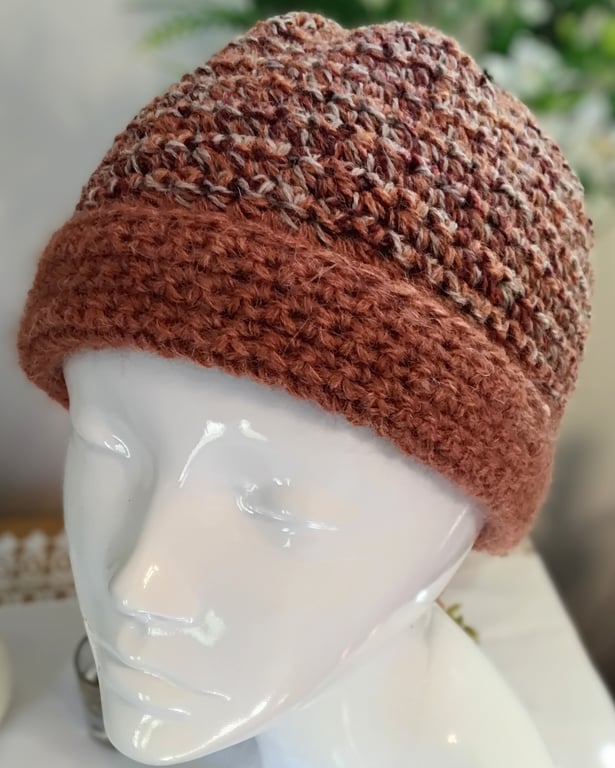 Wool and Mohair Crochet Winter Beanie in Russet
