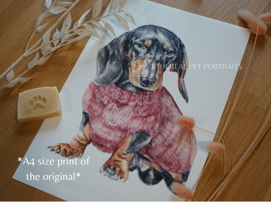 Watercolour Dachshund Print A4 size- Dog in Cozy Jumper- Cute Pet Wall Art