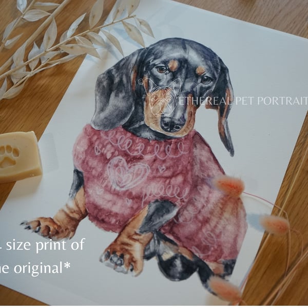 Watercolour Dachshund Print A4 size- Dog in Cozy Jumper- Cute Pet Wall Art