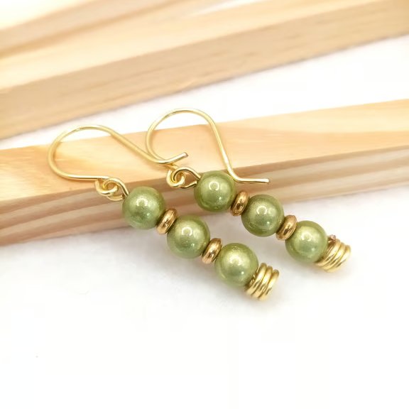 Miracle Bead Drop Earrings, Olive Green Earrings, Green and Gold Earrings