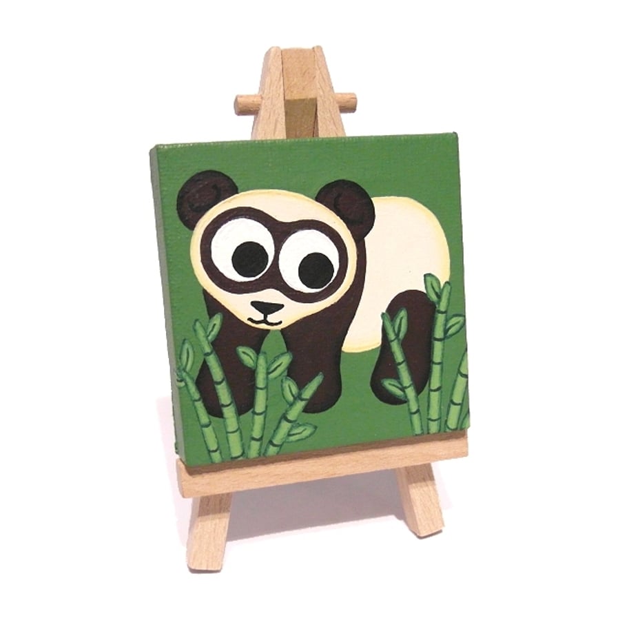 Cute Panda Miniature Painting - cartoon bear acrylic art, mini canvas with easel