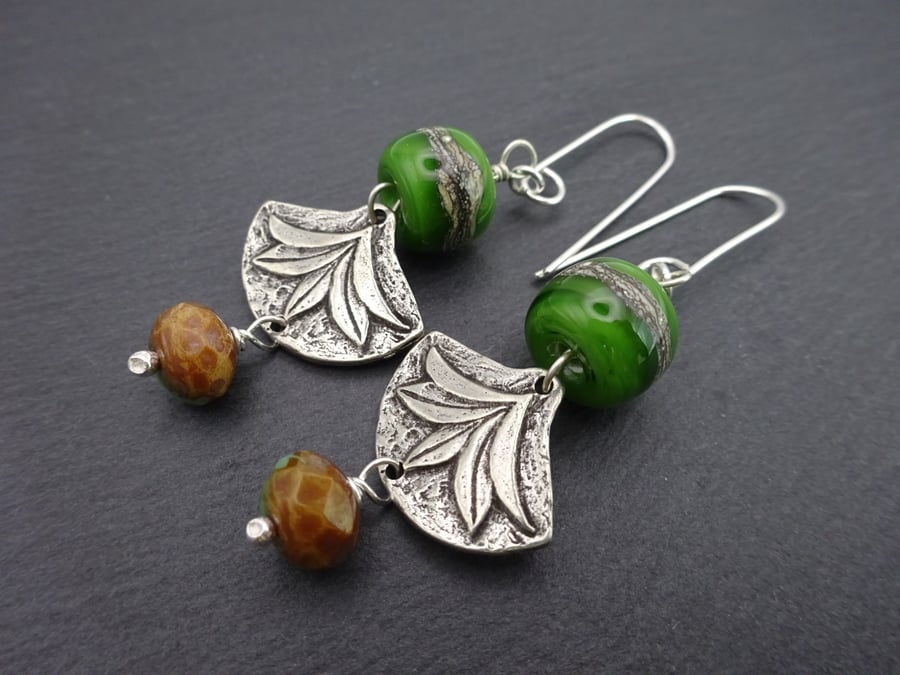 green lampwork glass and pewter leaf earrings