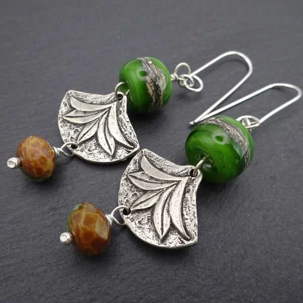 green lampwork glass and pewter leaf earrings