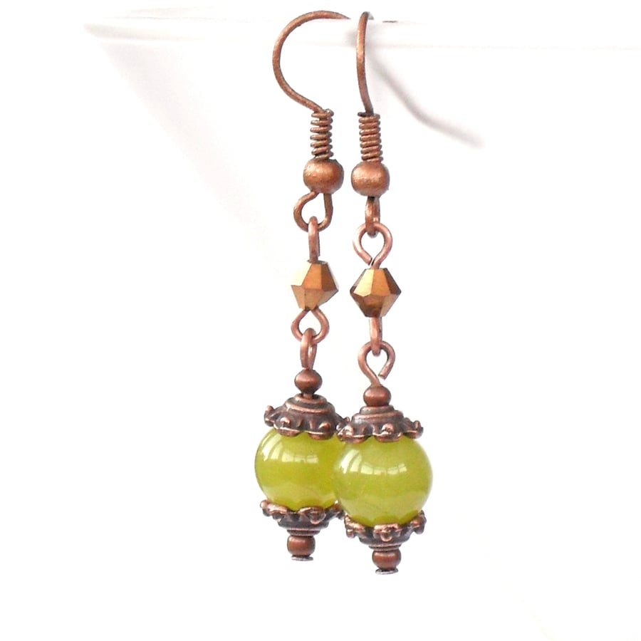 Handmade olive green peridot and copper crystal earrings