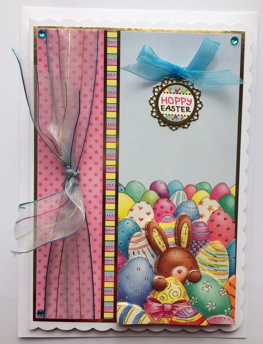 Easter Card Hoppy Easter Cute Bunny with Easter Eggs 3D Luxury Handmade Card