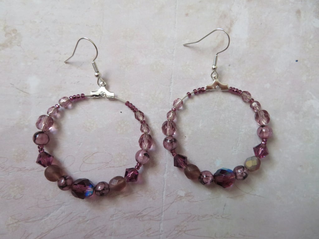 Pretty Amethyst Plum Rose Crystal Beaded Long Drop Dangly Earrings