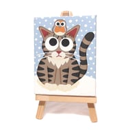 Tabby Cat and Robin Mini Acrylic Painting - cute cat lover gift