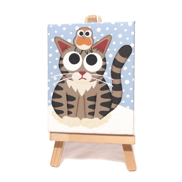 Tabby Cat and Robin Mini Acrylic Painting - cute Christmas gift for cat lover