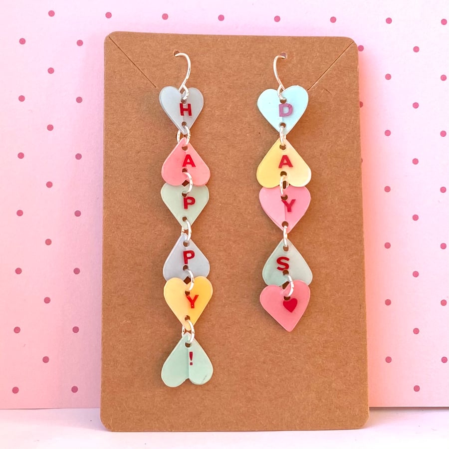 Recycled plastic ‘happy days’ pastel heart letter word earrings