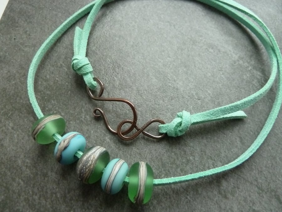 lampwork glass necklace, faux suede