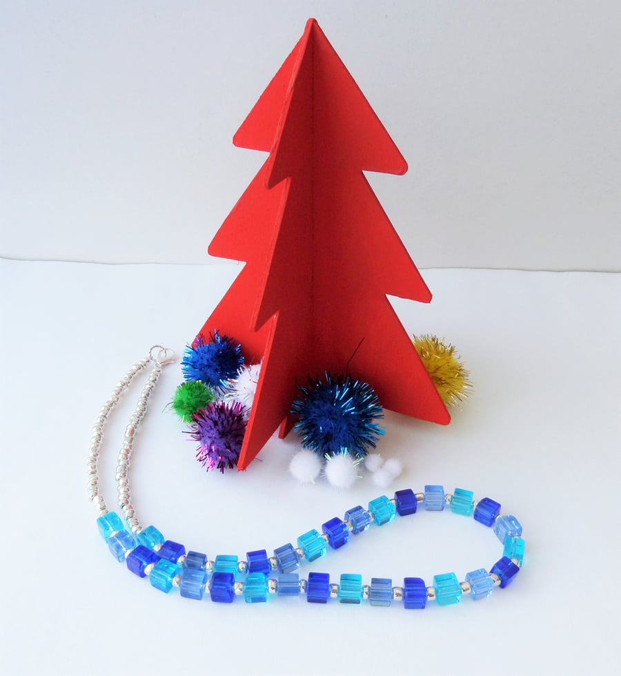 Three shades of blue cube and silver bead necklace