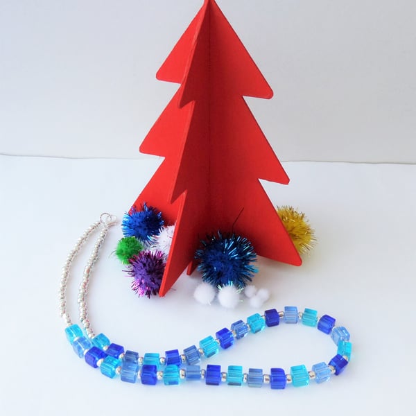 Three shades of blue cube and silver bead necklace
