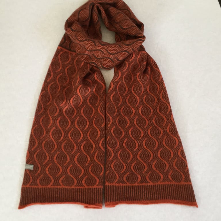 Scarf merino lambswool wave pattern hickory brown and burnt orange 