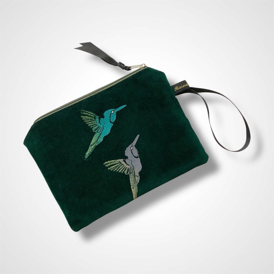 Green Hummingbirds velvet zip-up pouch