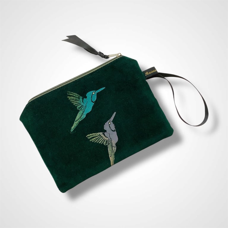 Green Hummingbirds velvet zip-up pouch