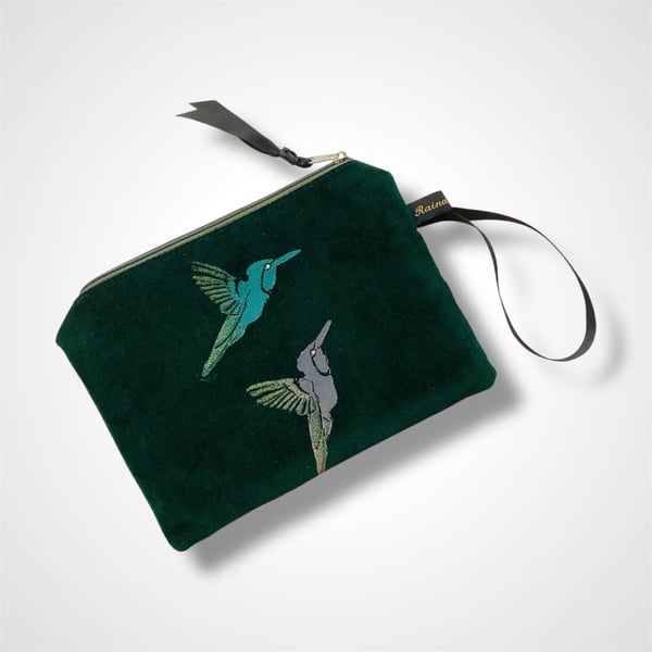 Green Hummingbirds velvet zip-up pouch