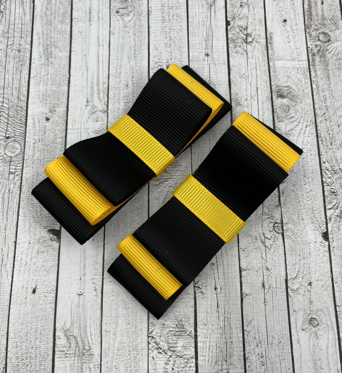 Black and Yellow Gold 3 inch Straight Bows on Clips (pair)
