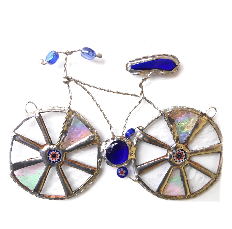 Bicycle Suncatcher Blue Stained Glass Handmade Cycling 025