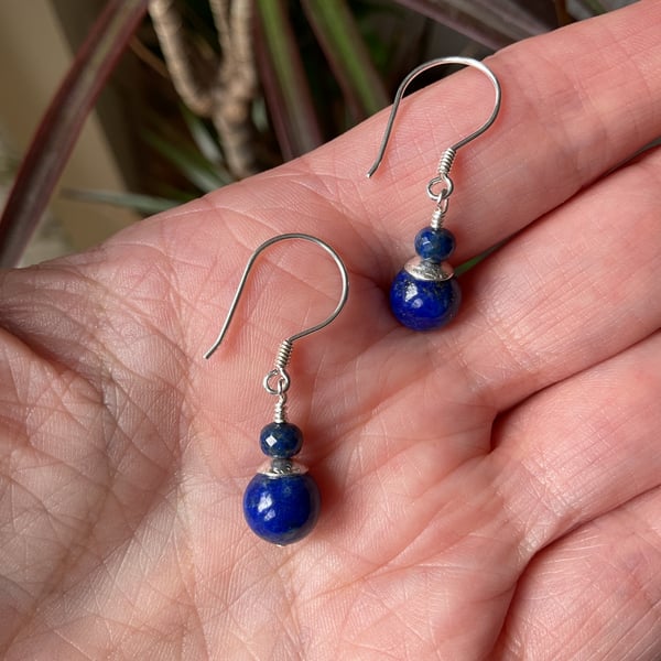 Lapis Lazuli Sterling and Fine silver dainty drop earrings