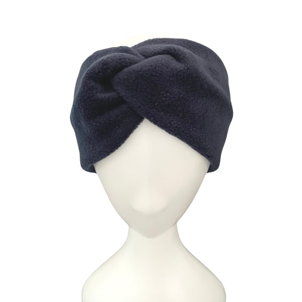 Wide Winter Ear Warmer Twist Headband for Women Warm Navy Blue Fleece Head Wrap