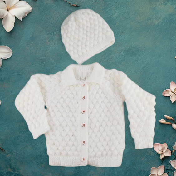 Baby cardigan and hat hand knitted in white bubble stitch  to fit 9 - 18 months 