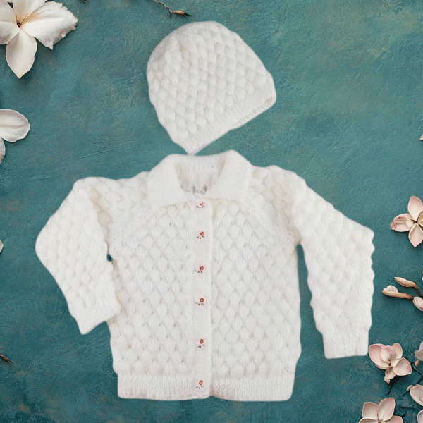 Baby cardigan and hat hand knitted in white bubble stitch  to fit 9 - 18 months 