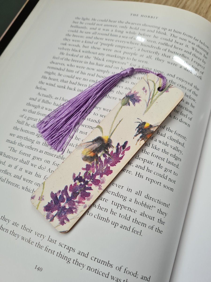 Wooden bookmark lavender and bee decoupage design with tassel