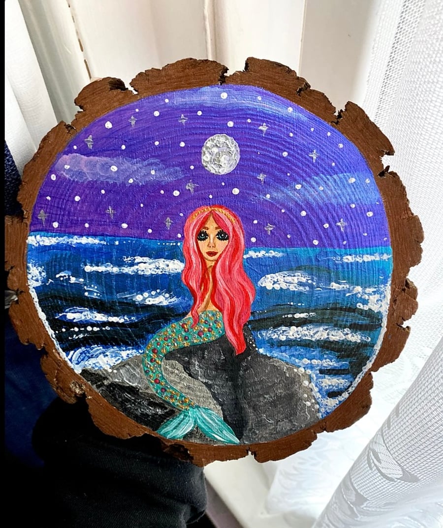 Mermaid wood slice painting 