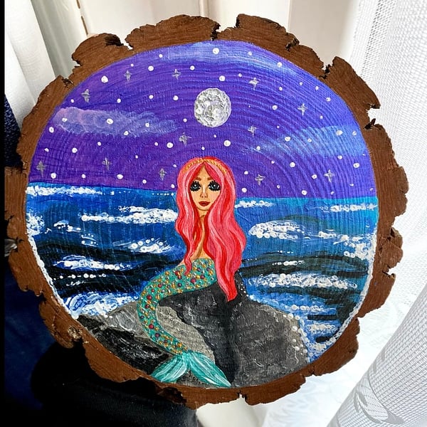 Mermaid wood slice painting 