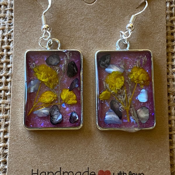 Handmade Silver-Rimmed Resin Earrings With Real Pressed Flowers And Shells