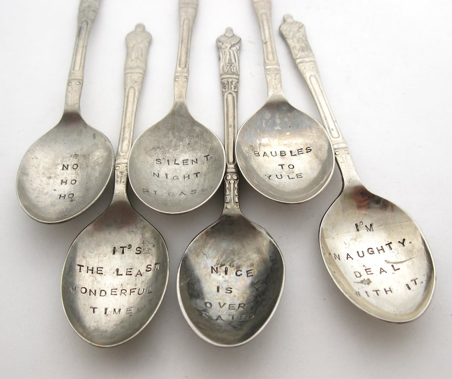 Grotty Grumpy Xmas Apostle Spoons, Handstamped Vintage Coffeespoons