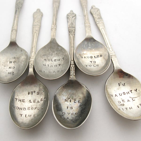 Grotty Grumpy Xmas Apostle Spoons, Handstamped Vintage Coffeespoons