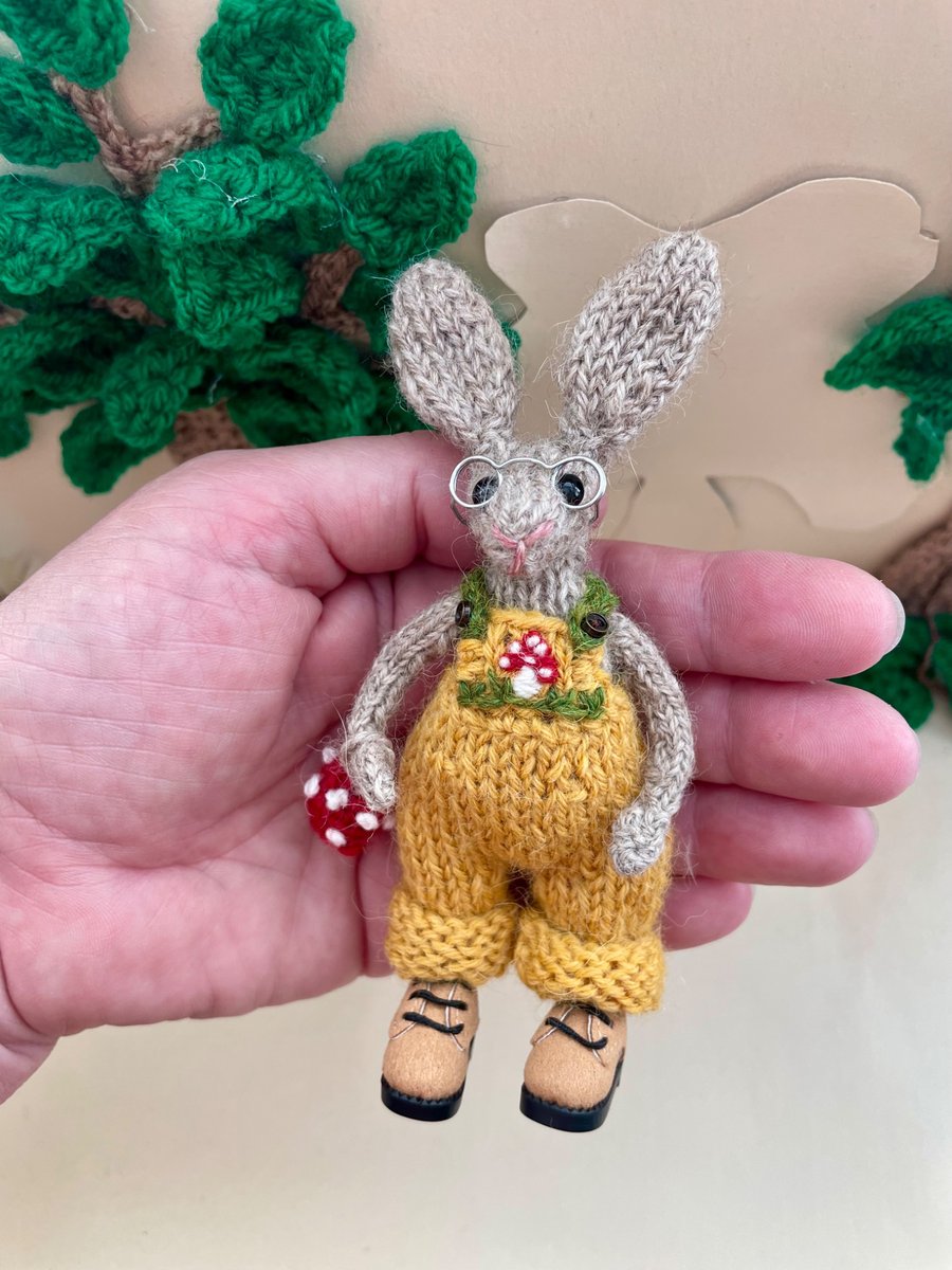 Sprout the Miniature Poseable Bunny Ornament with Knitted Dungarees & Toadstool