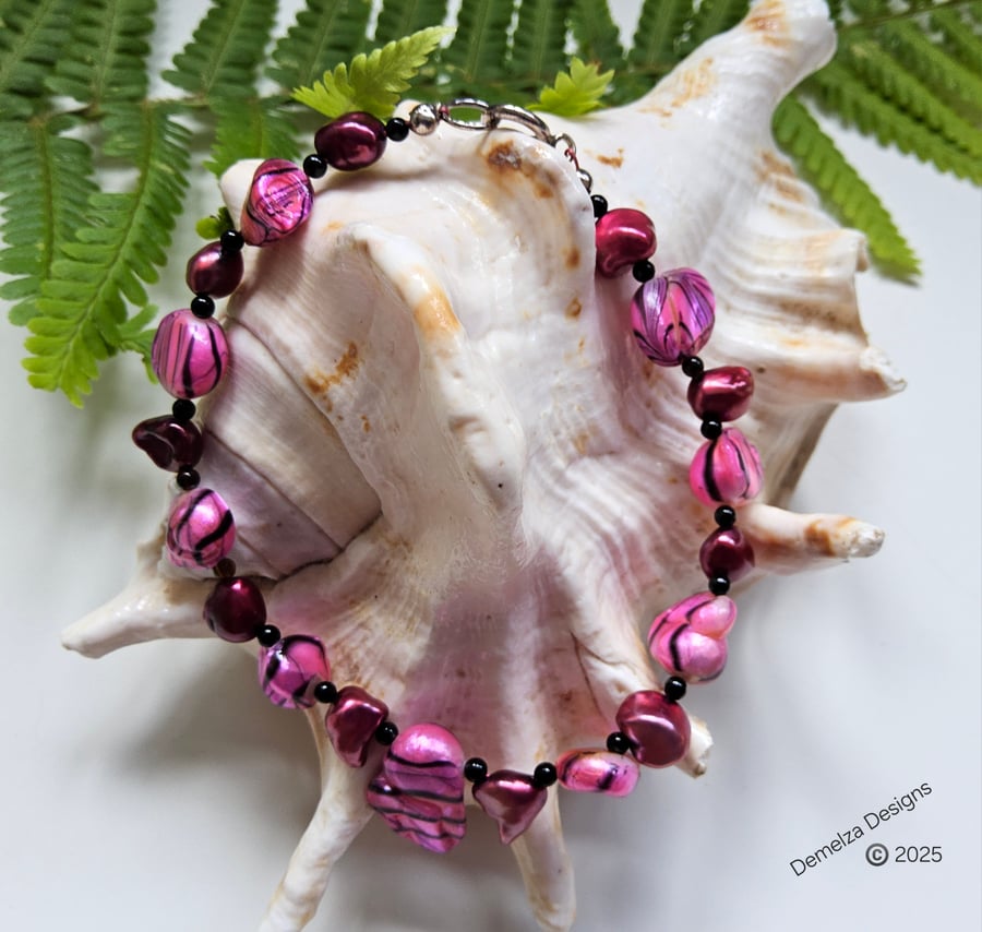 Designer Unique Keshi Pearl, Black Onyx Sterling Silver Bracelet 