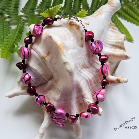 Designer Unique Keshi Pearl, Black Onyx Sterling Silver Bracelet 