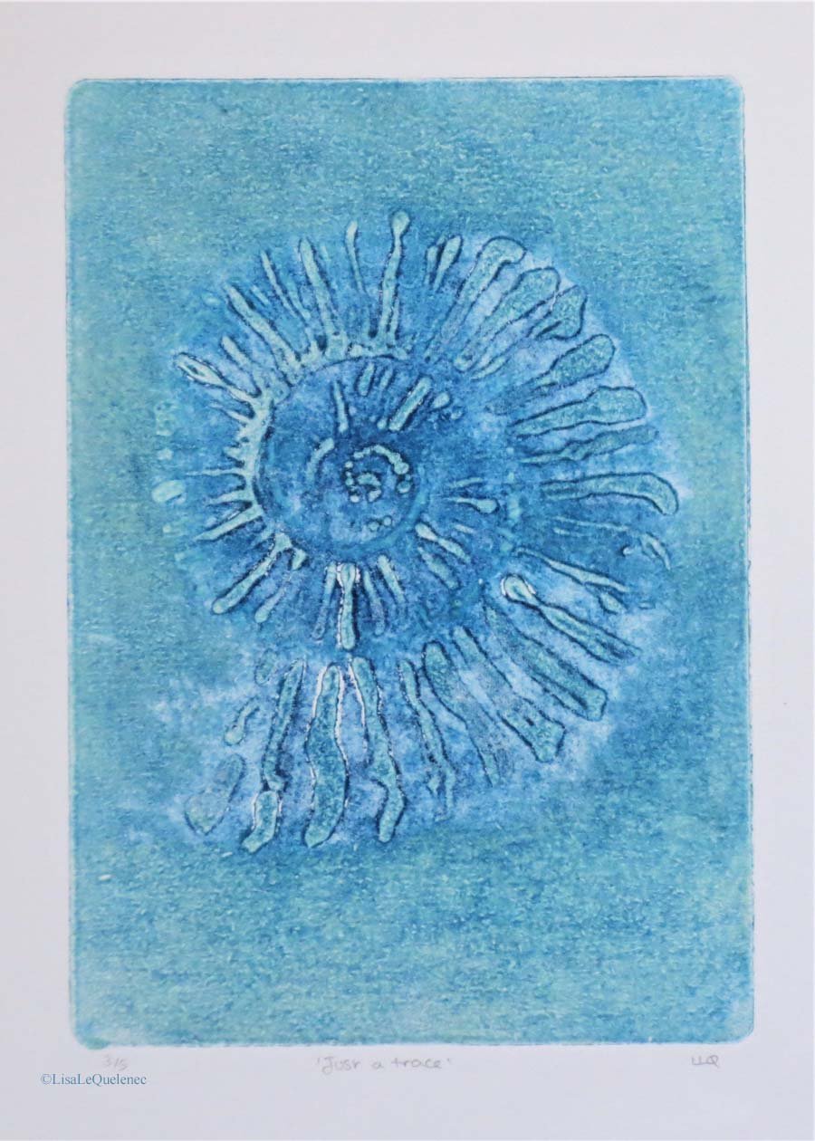 A trace spiral fossil ammonite collagraph print jurassic coast Dorset