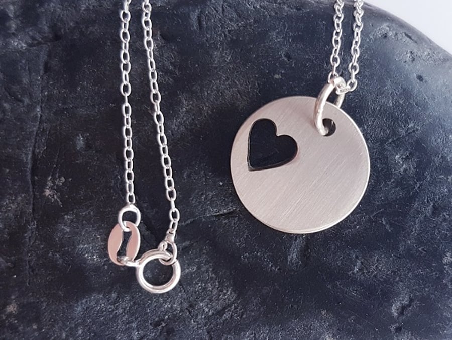 18" Sterling Silver Chain with Fine Silver Circle with Heart Cut Out Pendant