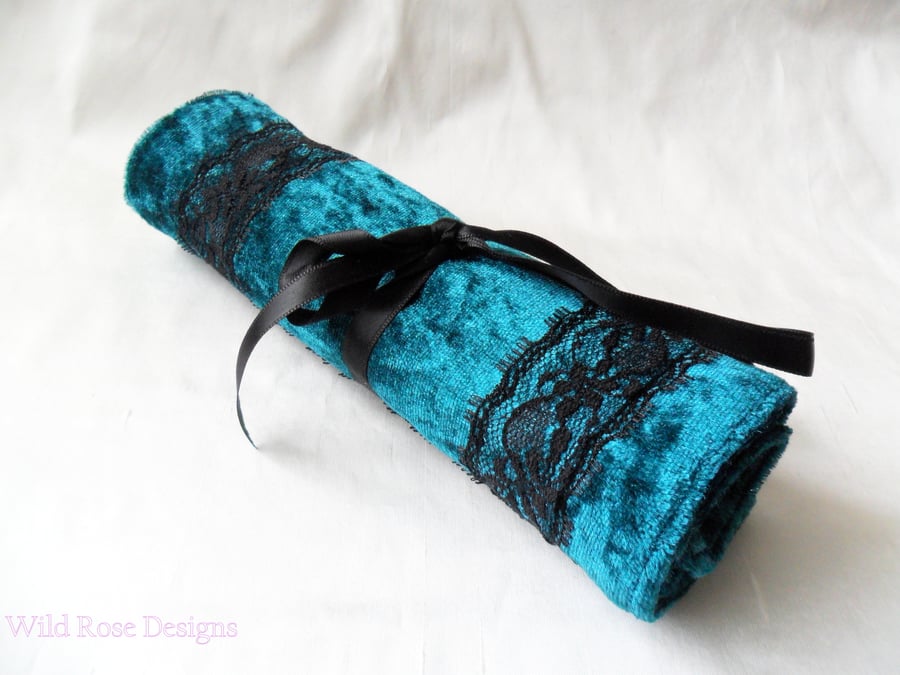 Teal make-up brush, crochet hook roll