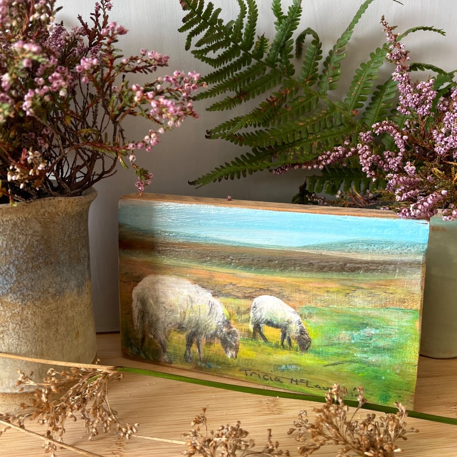 Original painting of sheep on reclaimed wood