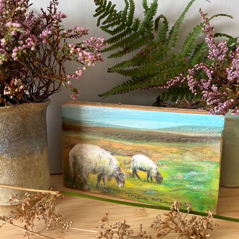 Original painting of sheep on reclaimed wood