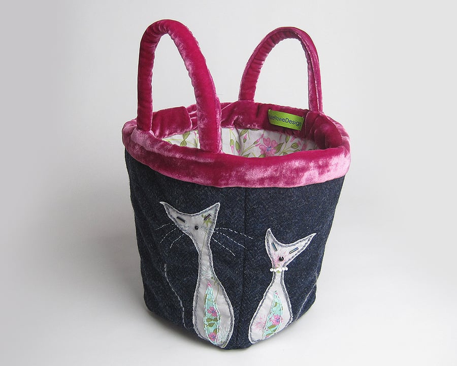 Navy project bag with two cats and pink velvet handles
