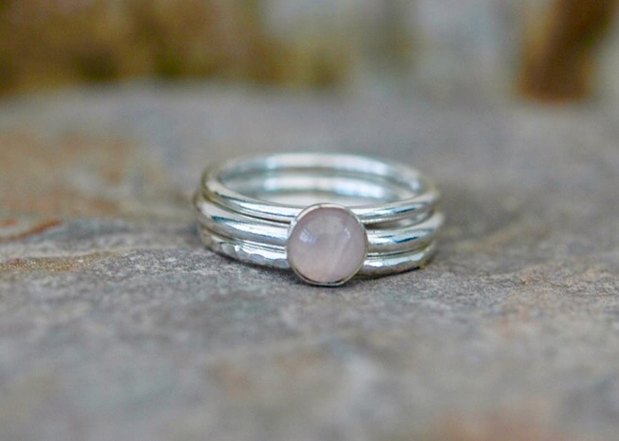 Trio of Silver Stacking Rings with Pink Rose Quartz, size M,