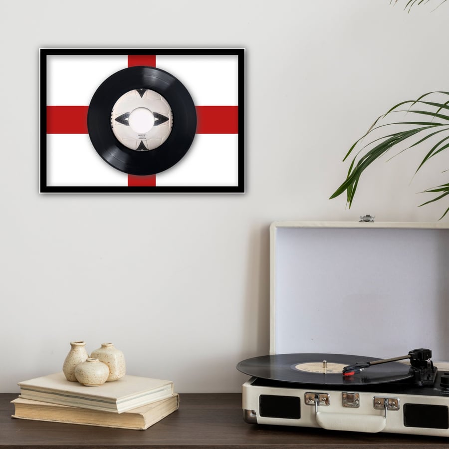 A4 framed 'Three Lions' vinyl record with England Flag graphic