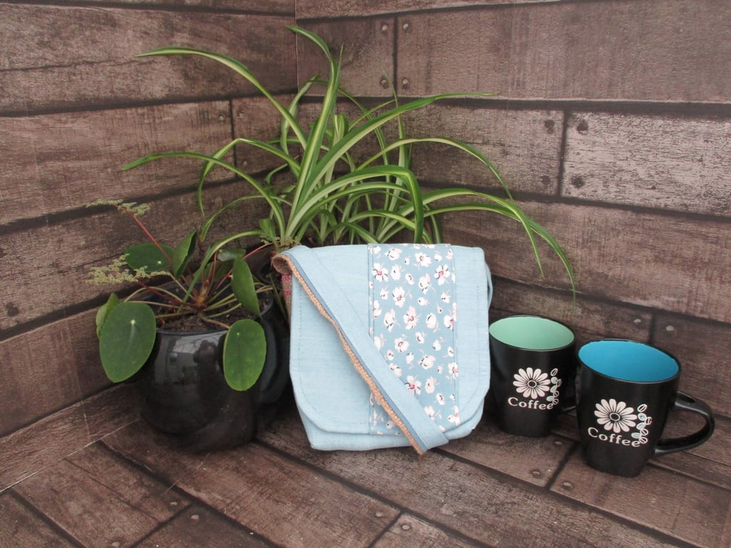 Upcycled Coffee Sack - Mini Shoulder Bag - Blue with floral panel