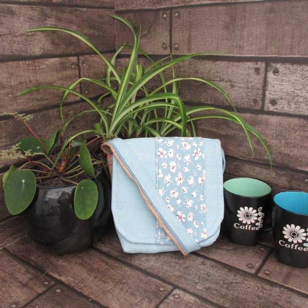 Upcycled Coffee Sack - Mini Shoulder Bag - Blue with floral panel