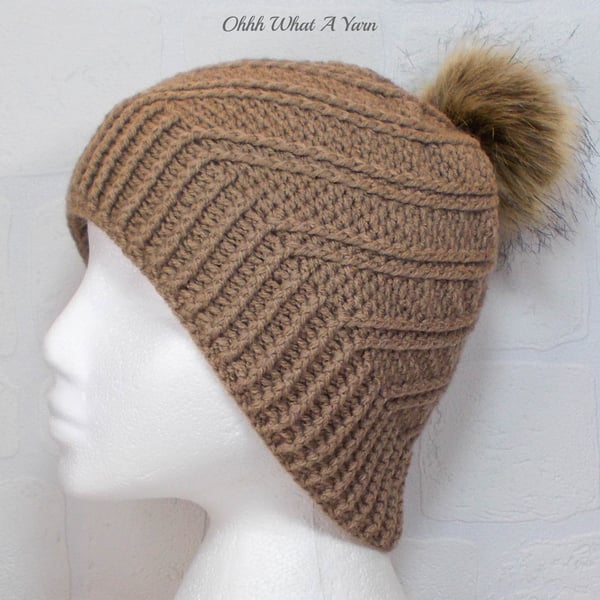 Crochet hat, beanie. Light brown ladies swirl pom pom hat. Ladies hat.