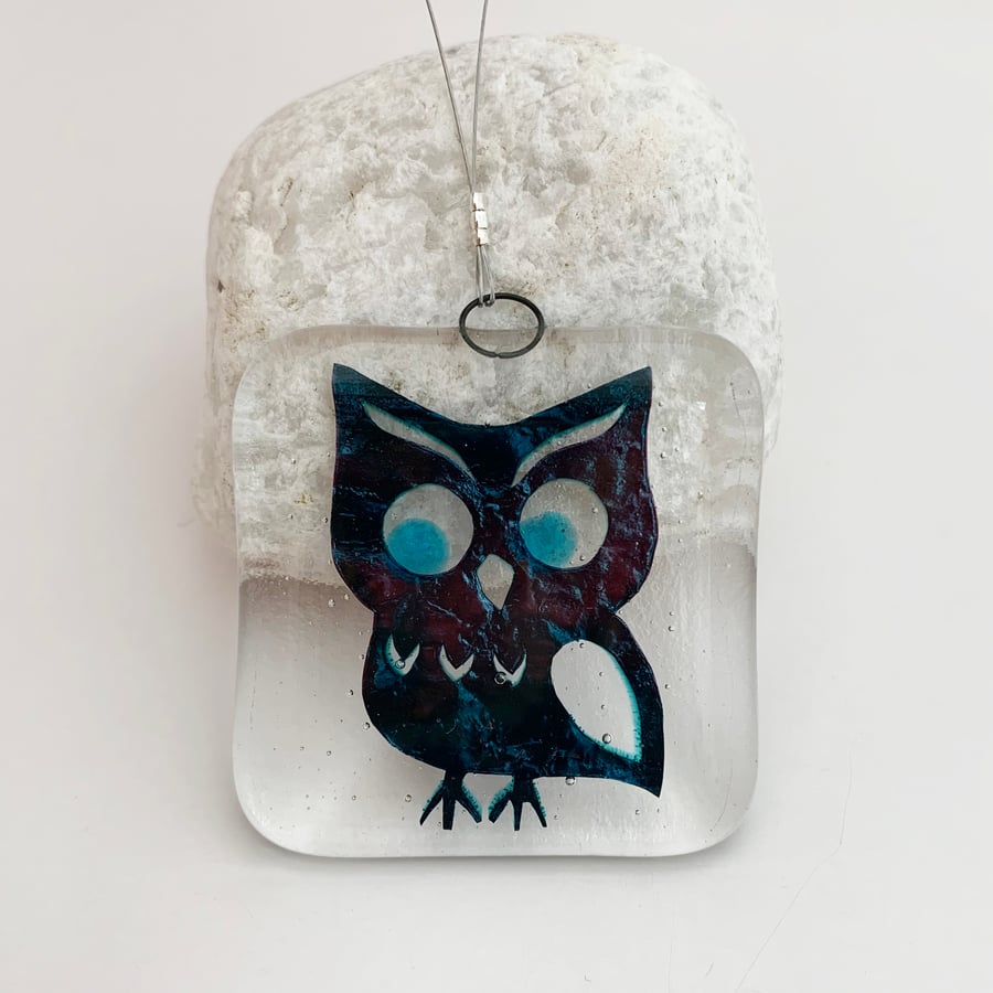 Seconds Sale - Fused Glass Copper Owl Hanging - Handmade Glass Decoration