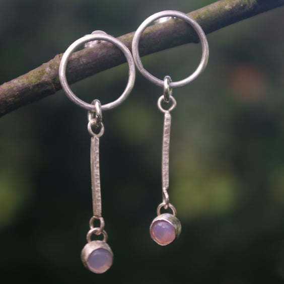  Silver Circle Stud  Earrings with Pink Opal Drop