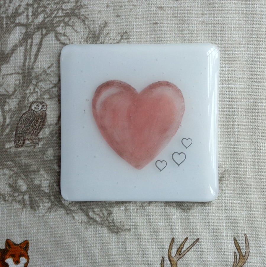 Fused glass white coaster with hearts design